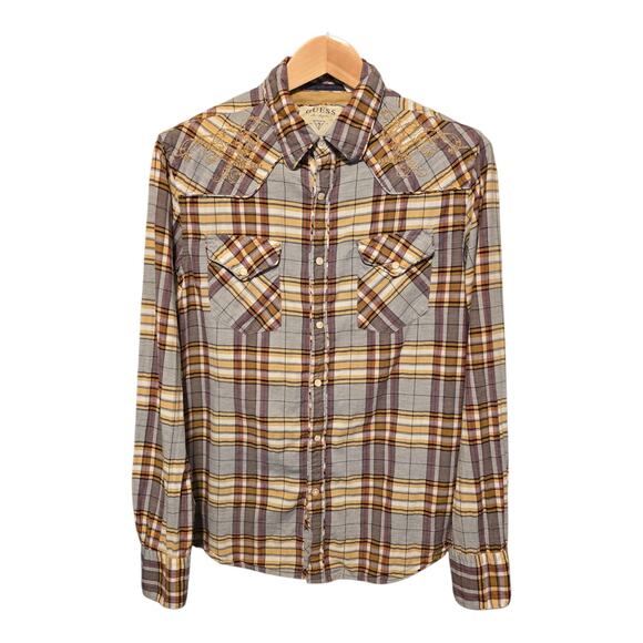 Guess Mens Western Pearl Snap Plaid Shirt Size Medium Embroidered Rodeo Cowboy - Picture 2 of 14